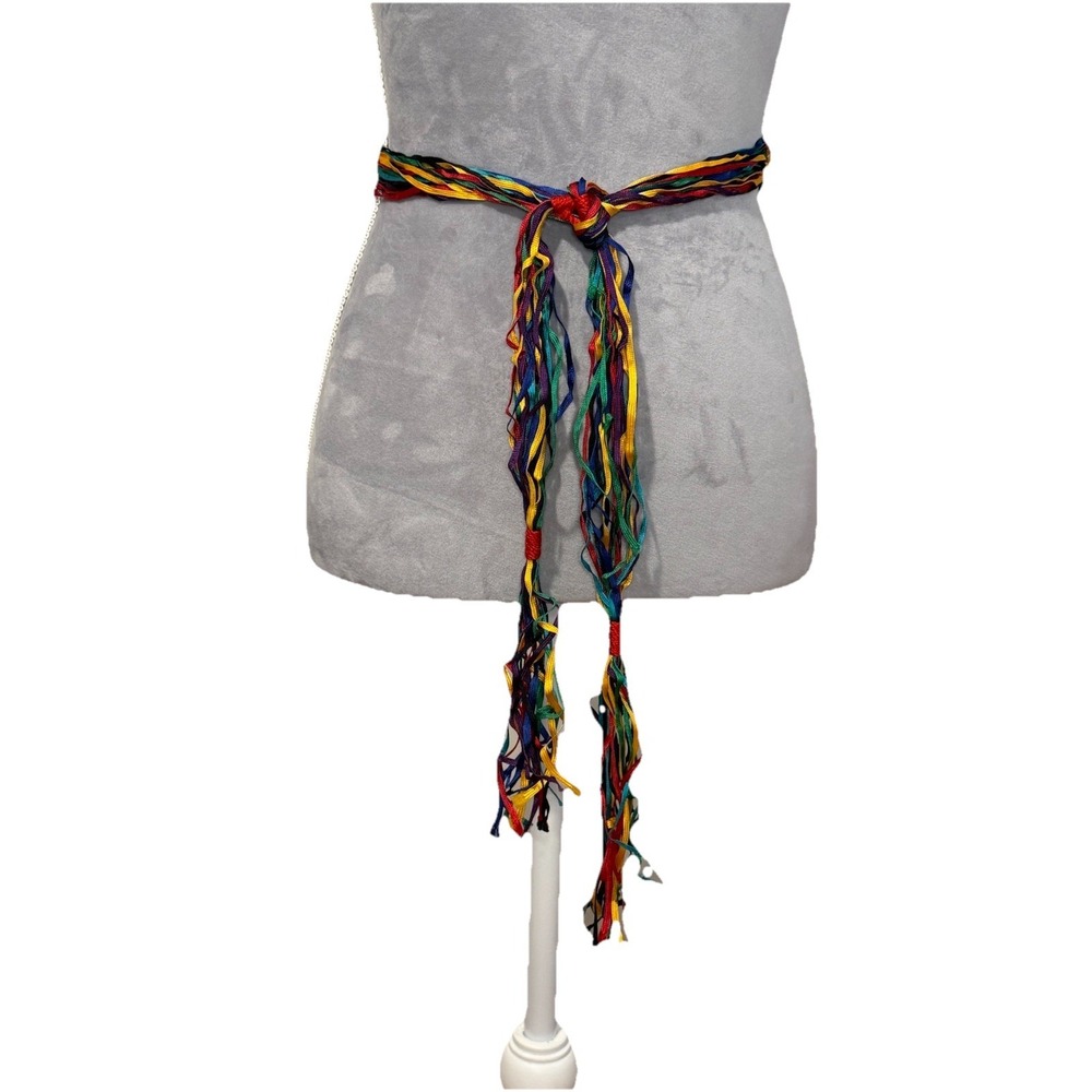 RARE Vintage 70s 80s MULTI-COLORED Ribbon String Belt Boho HIPPIE HOBO Indie